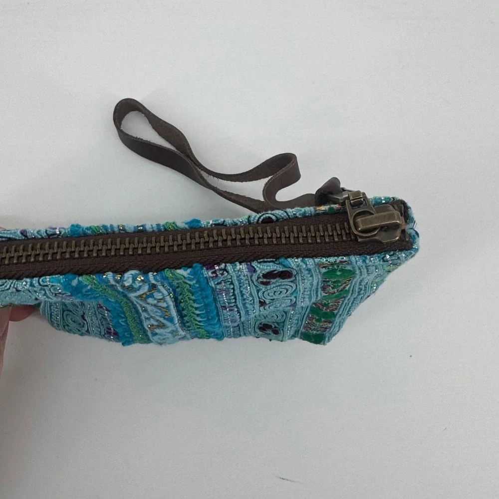 JADEtribe Embroidered Tribal Wristlet Clutch Turquoise Blue Gold Thailand Boho - Picture 4 of 6